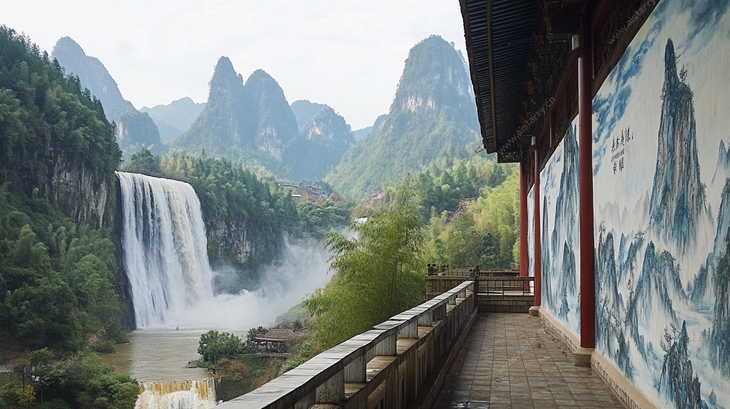 中式长廊观飞瀑山川景