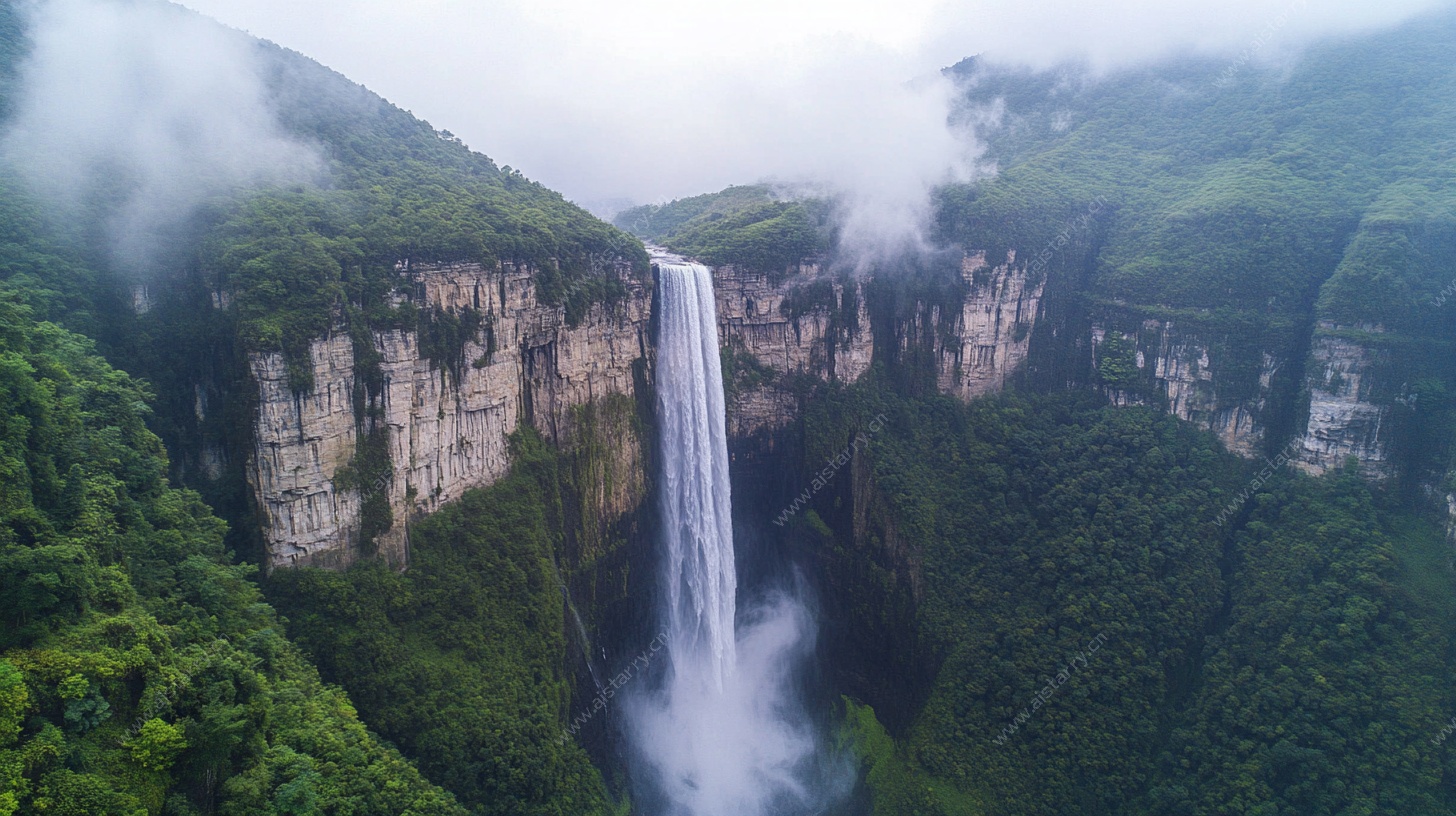 壮观高山瀑布云雾缭绕景