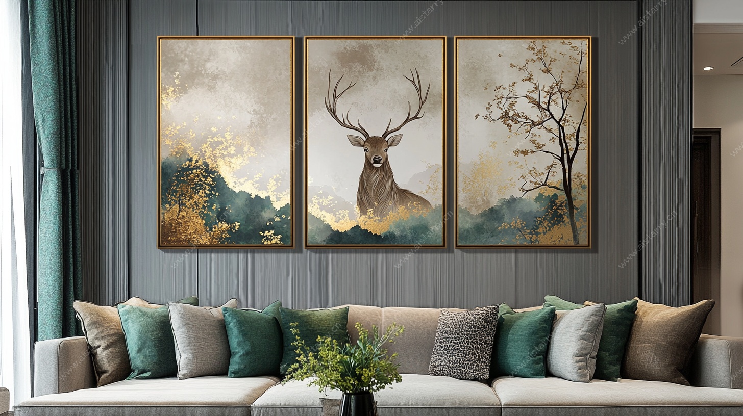北欧风客厅三联鹿主题挂画