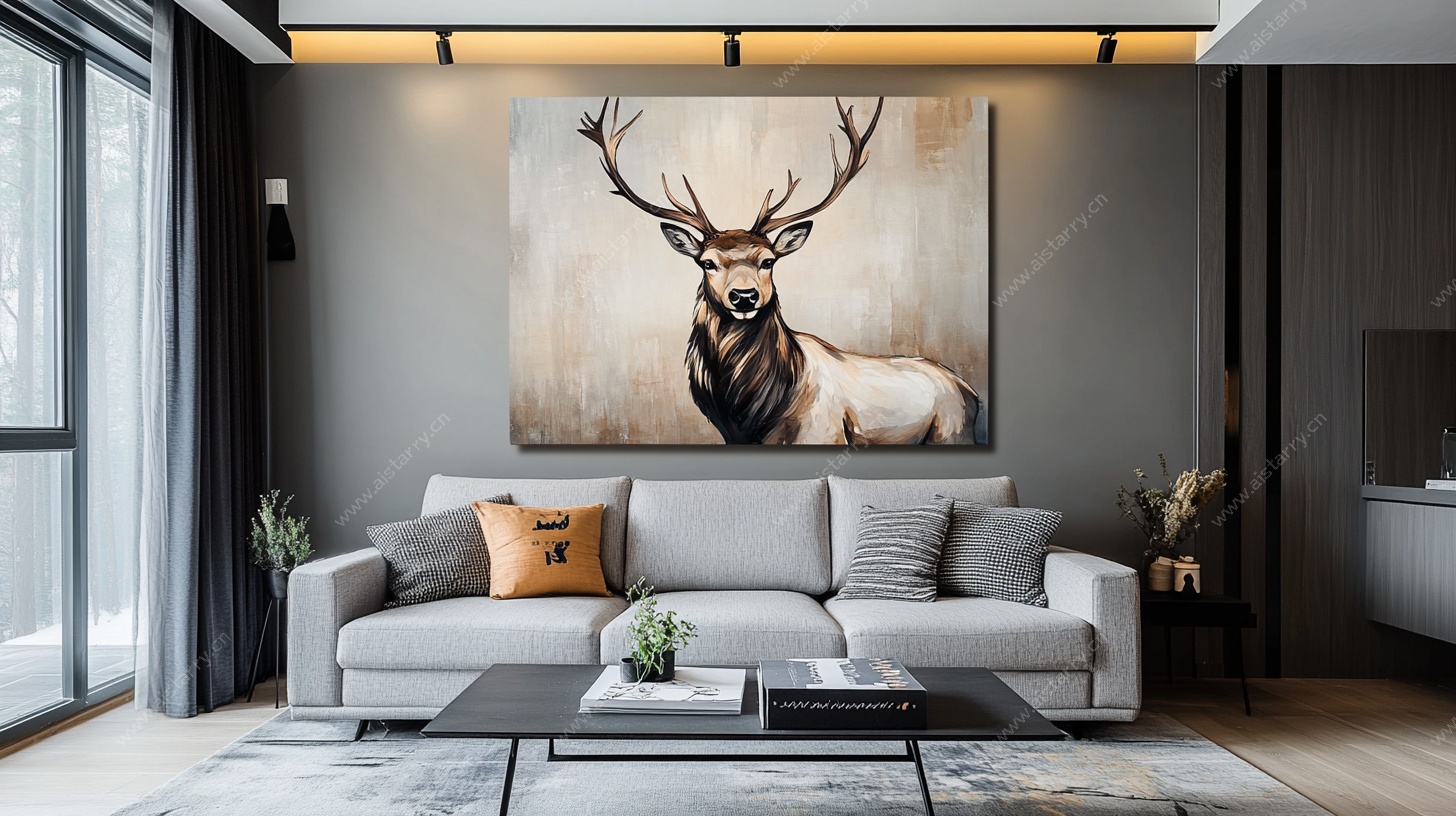 现代客厅的鹿主题装饰画