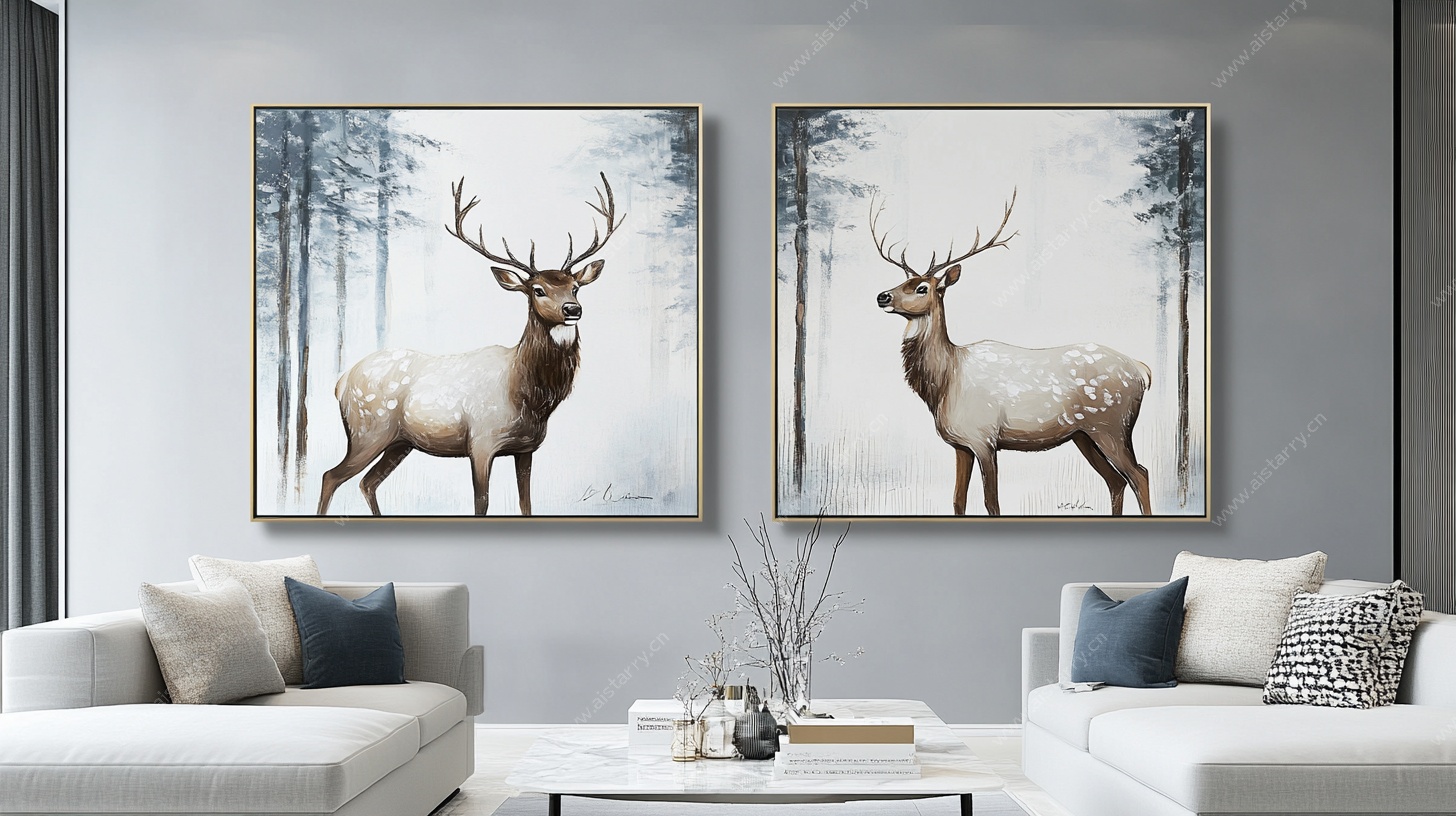 北欧风双鹿装饰画客厅图