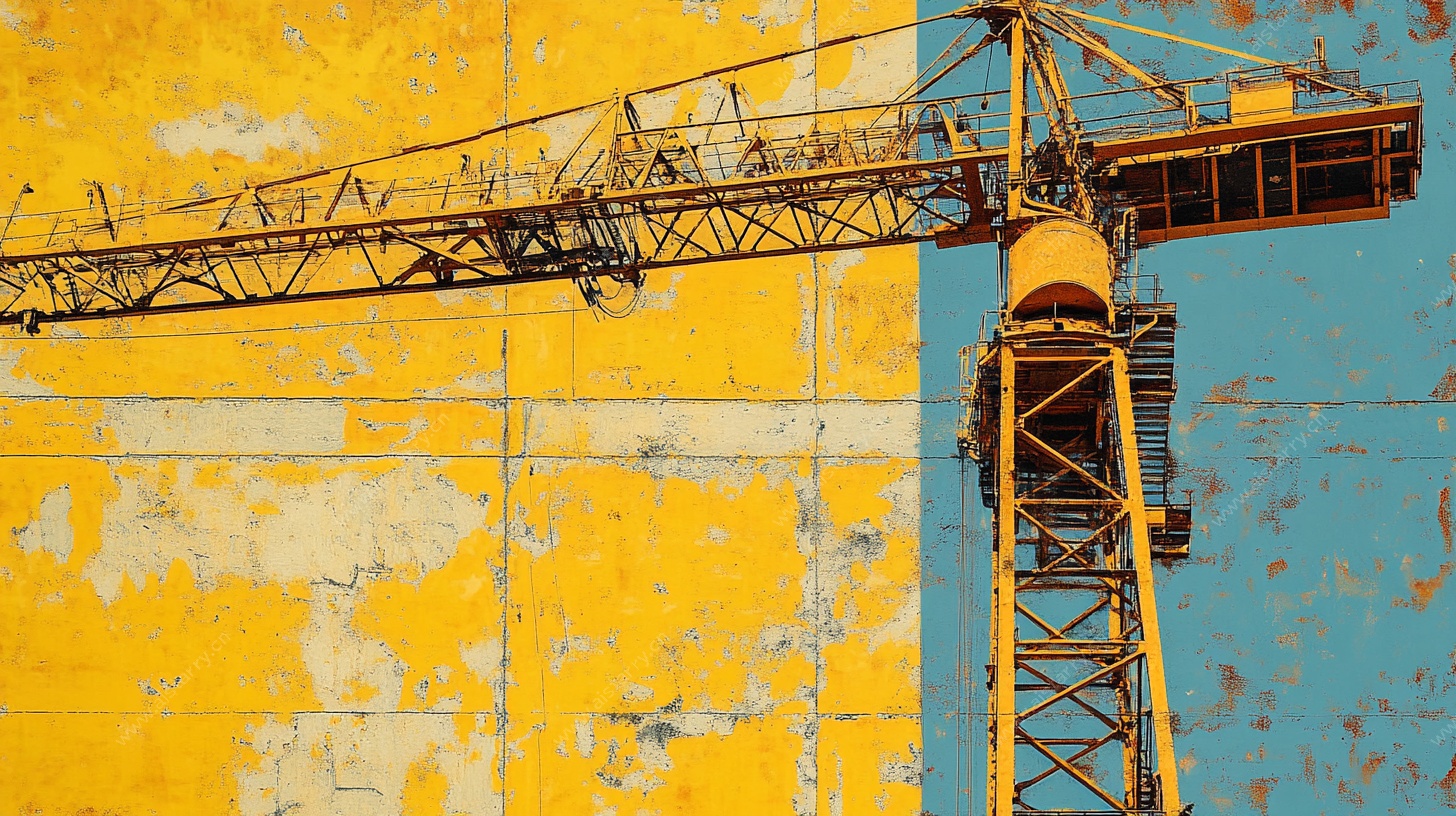 黄色墙面旁的塔式起重机