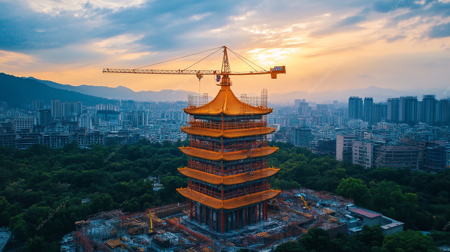 黄昏下的古塔与城市景象