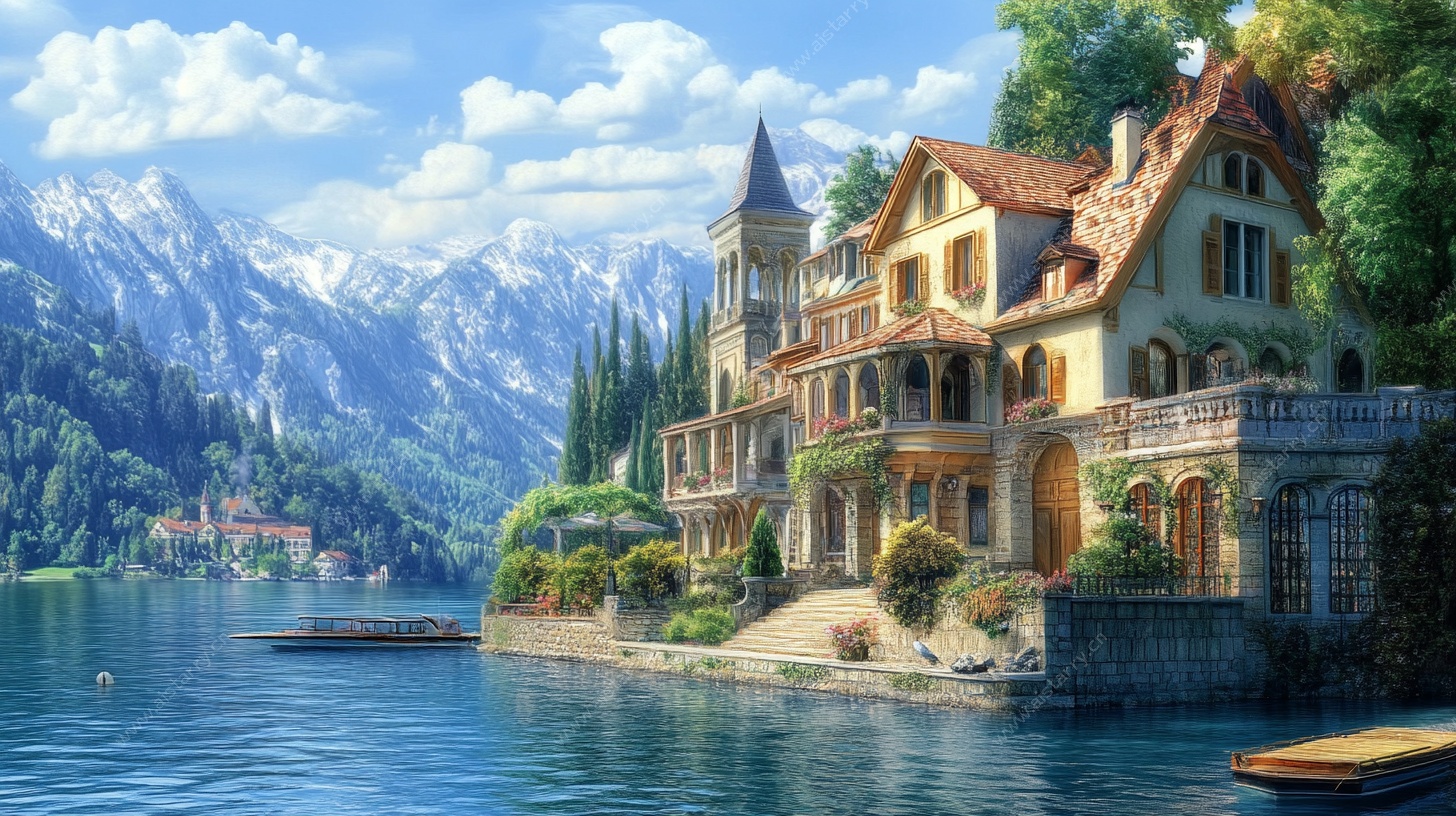 湖畔欧式城堡别墅美景