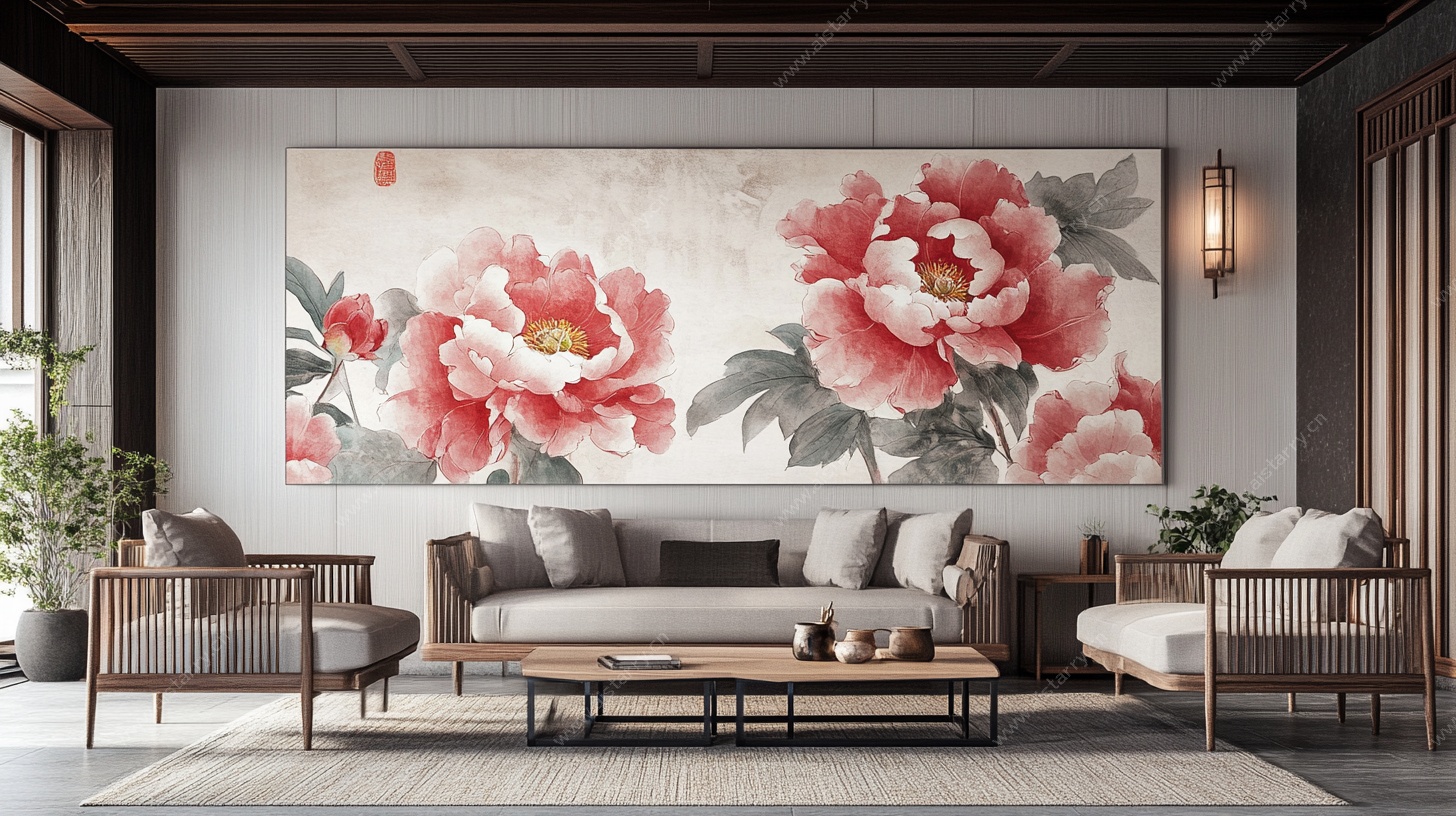 中式客厅牡丹壁画装饰