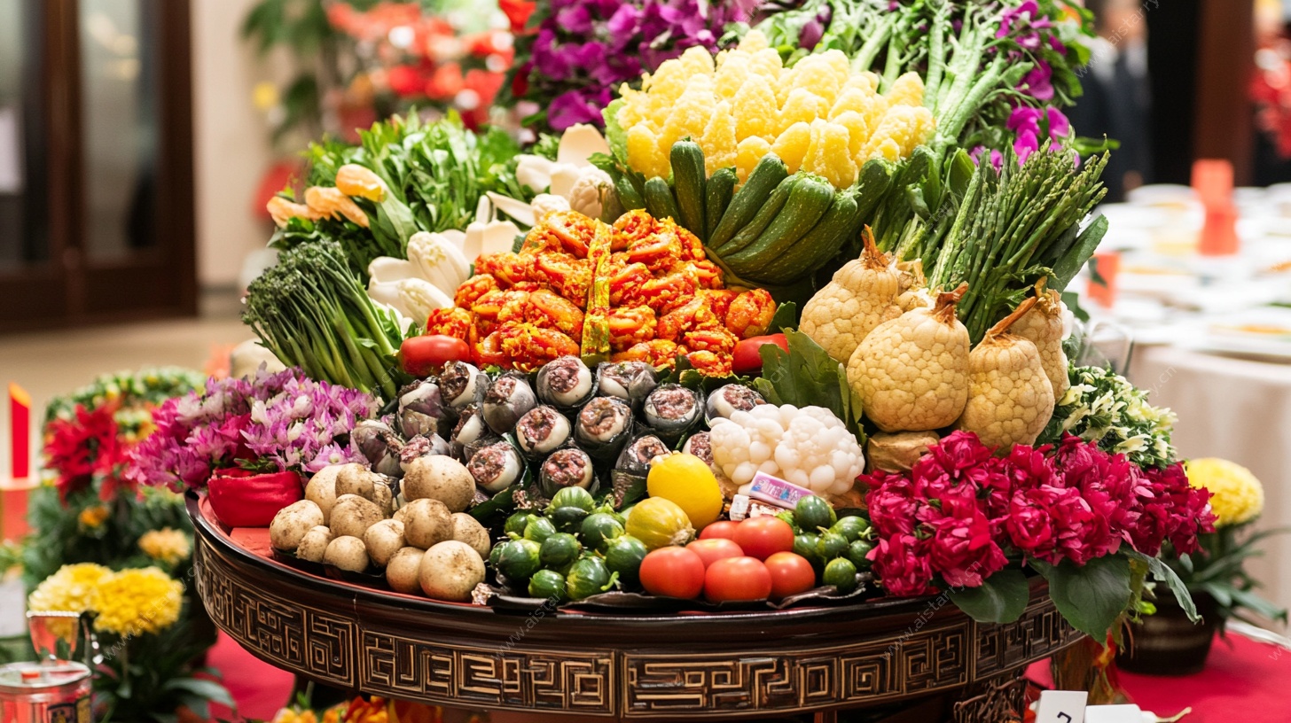 丰盛蔬果花卉装饰摆盘