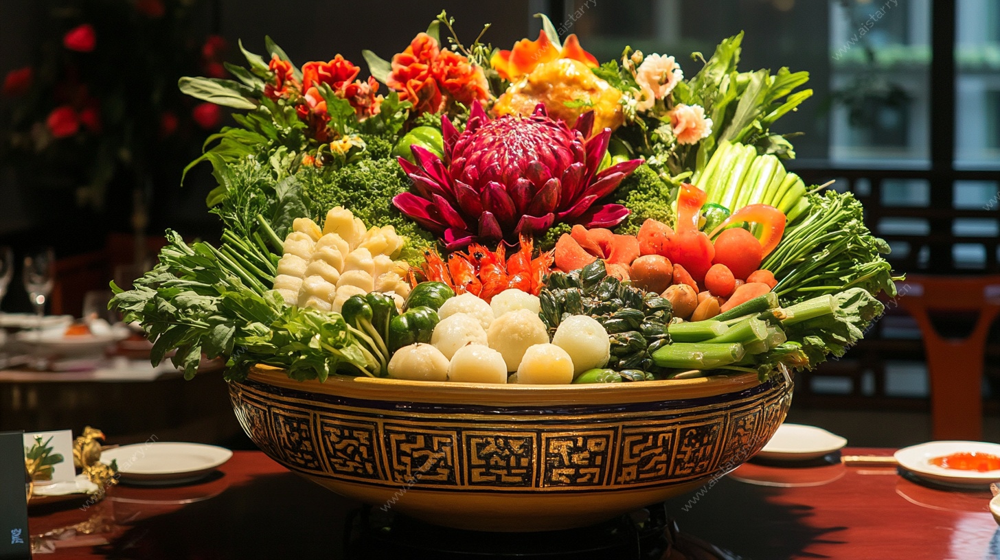 丰盛蔬菜花卉摆盘