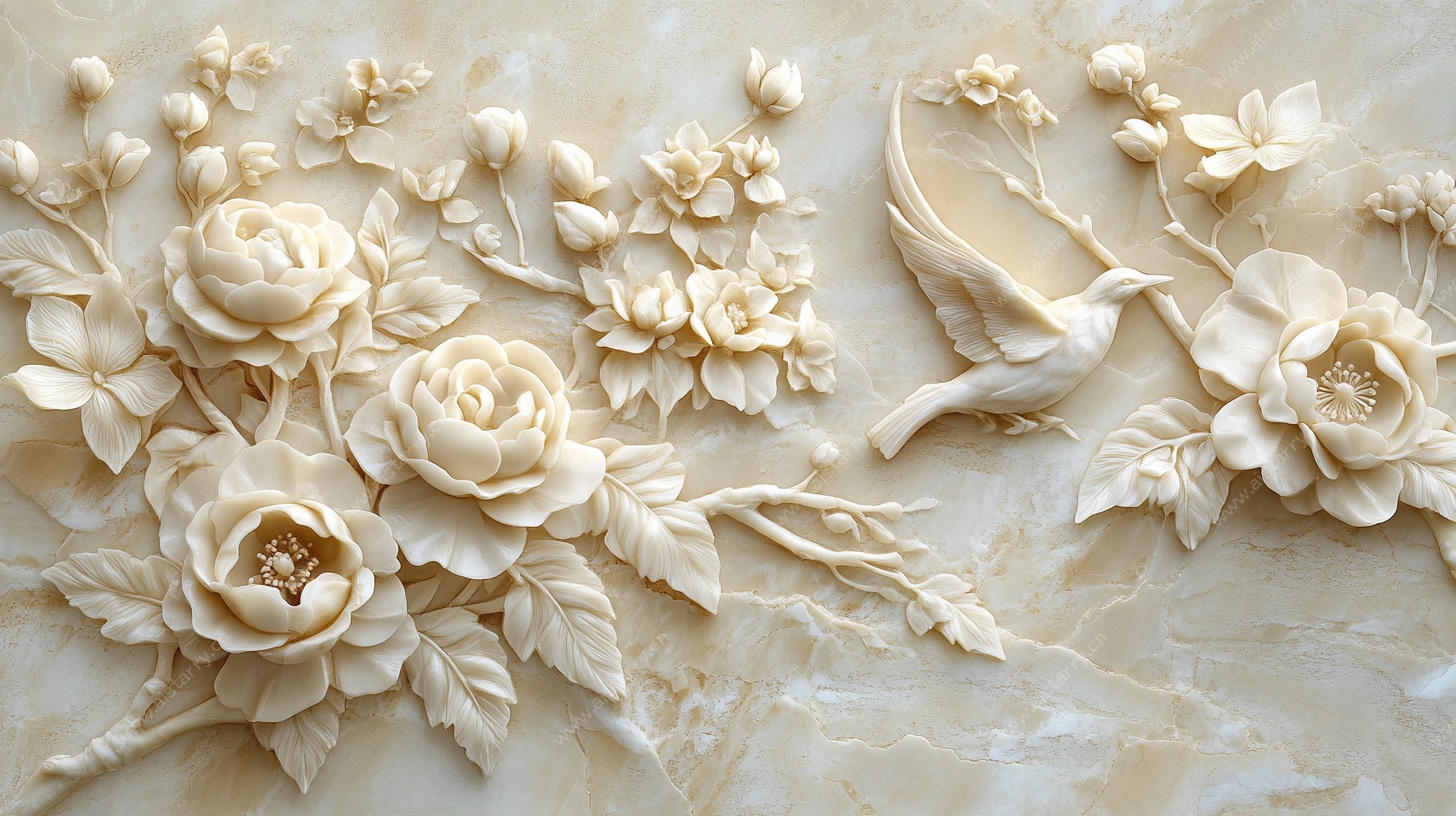 花卉飞鸟浮雕装饰图案