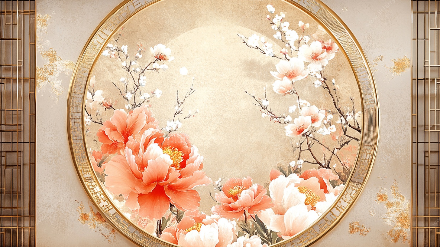 中式圆形花卉装饰画