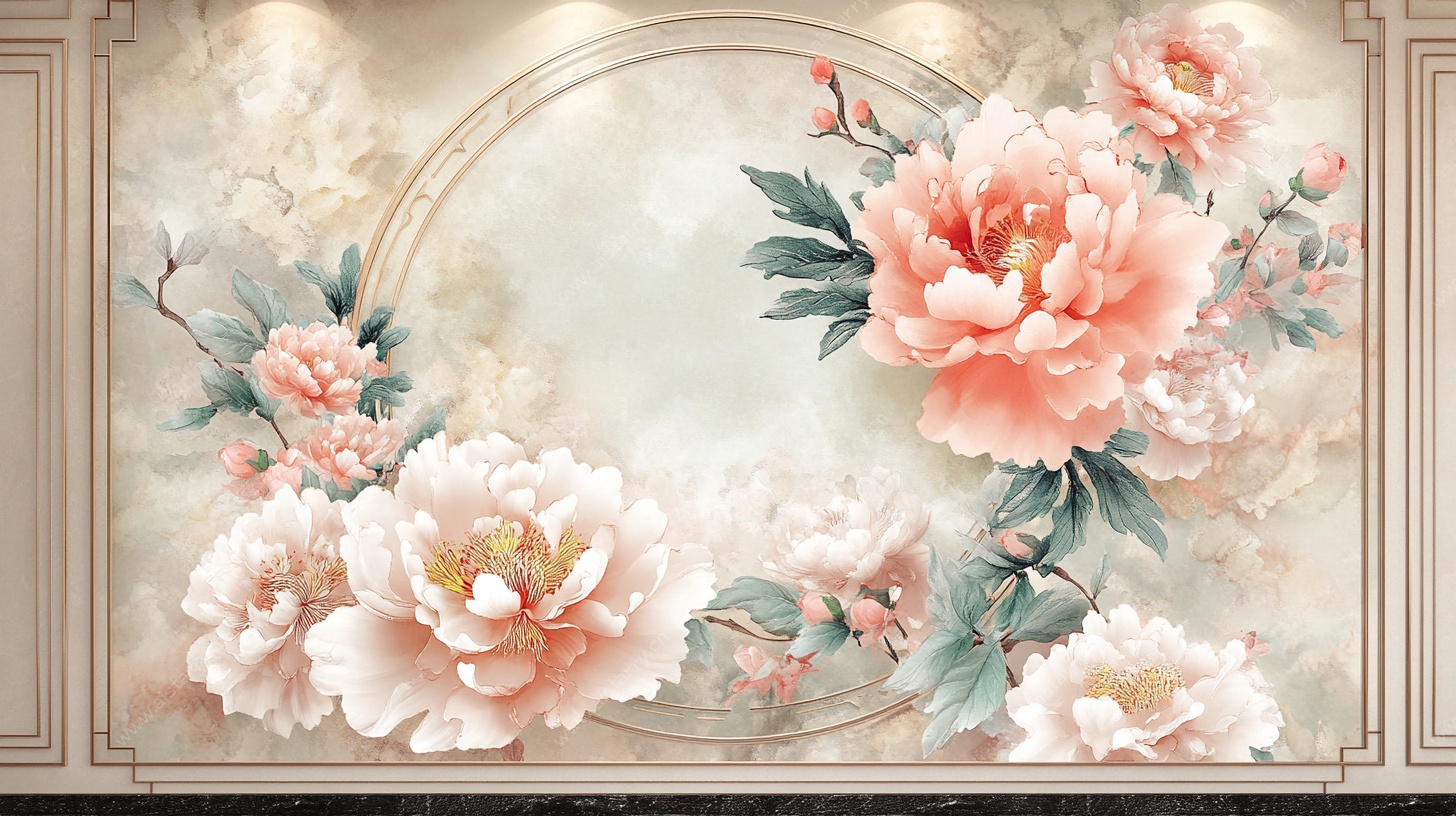 中式牡丹壁画背景墙