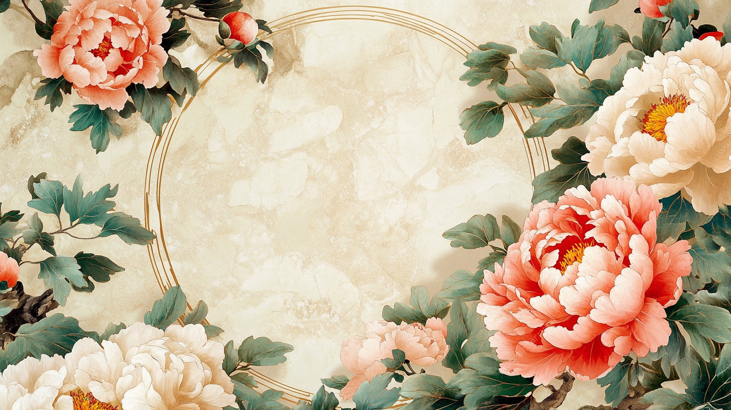 中式牡丹花卉边框图案