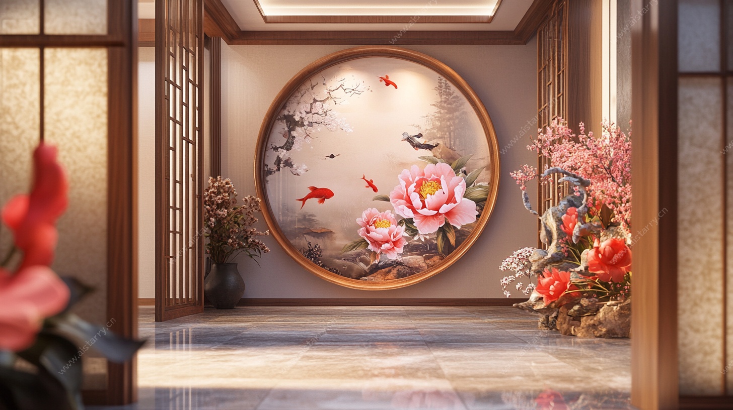 中式玄关的典雅花鸟装饰