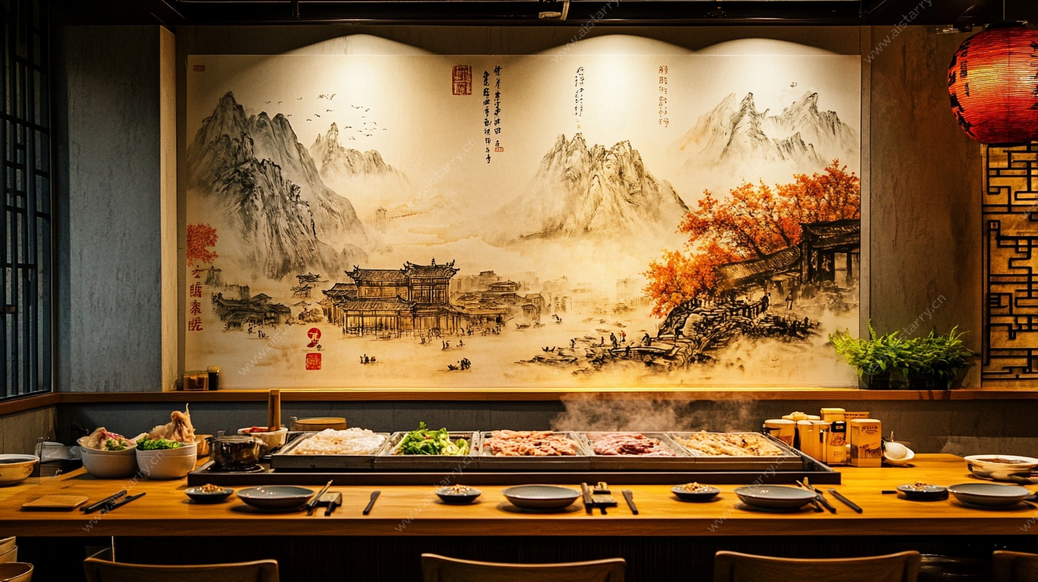中式餐厅山水壁画就餐场景