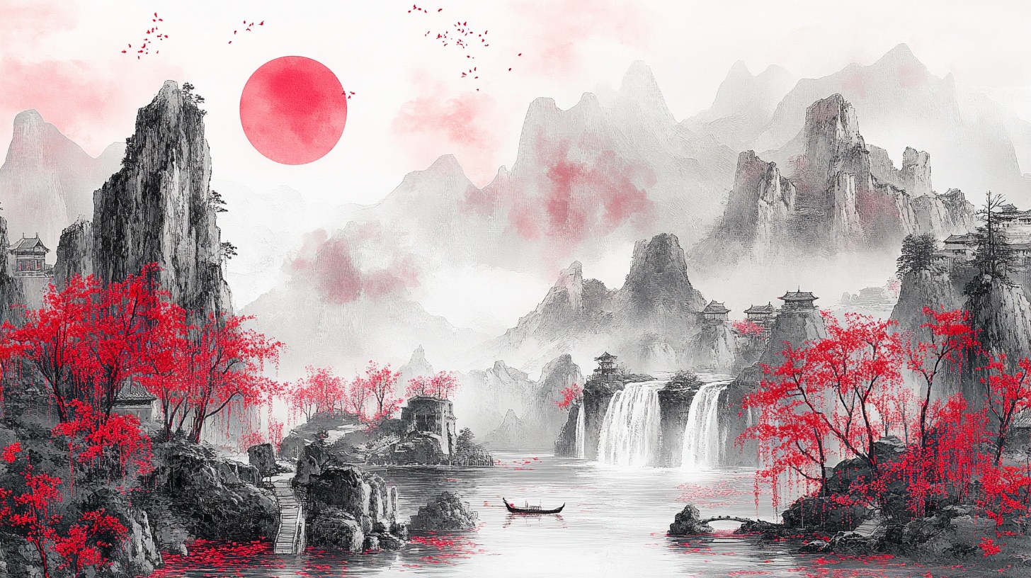 水墨山水红日图