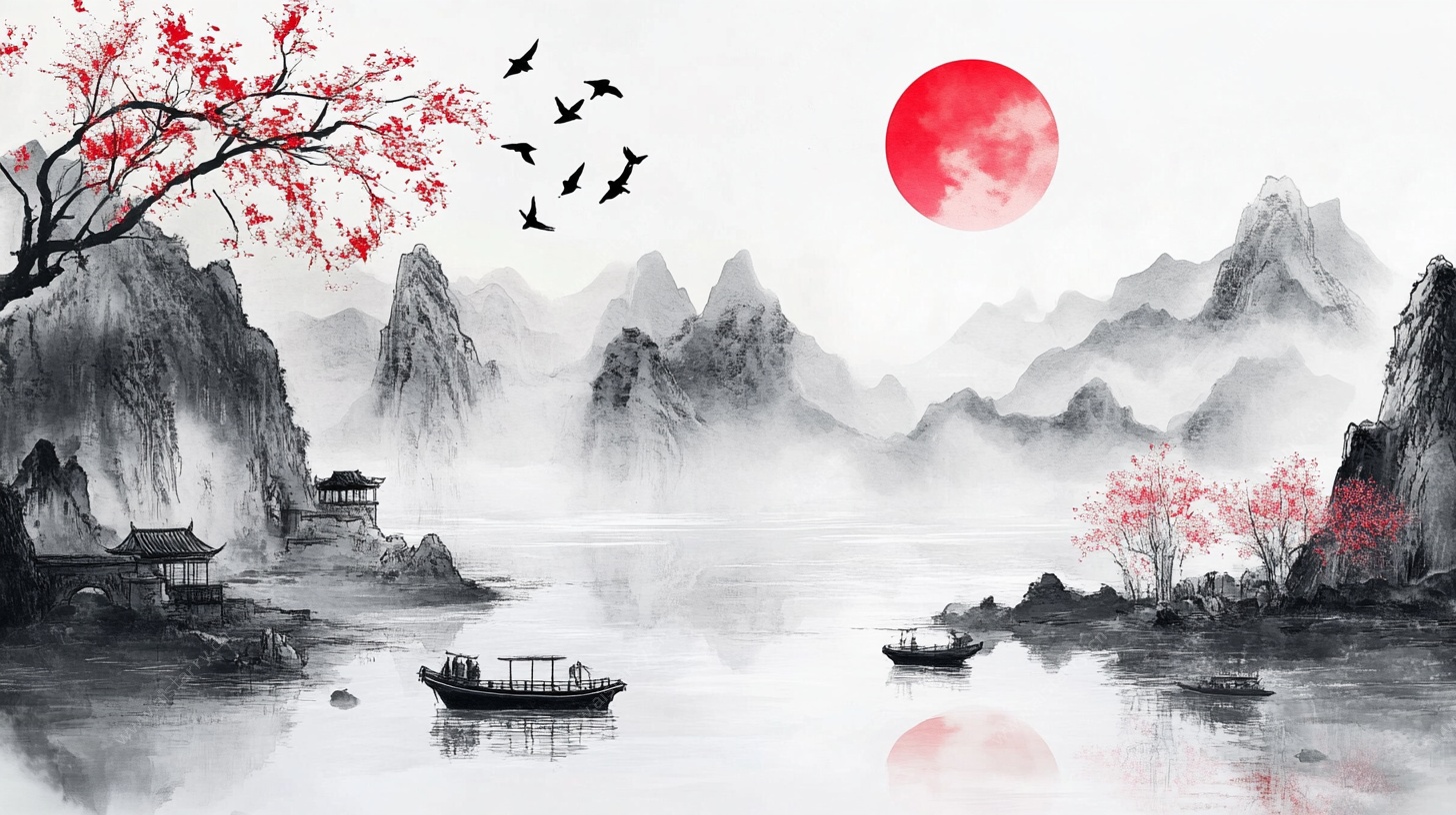 水墨山水红日飞鸟图