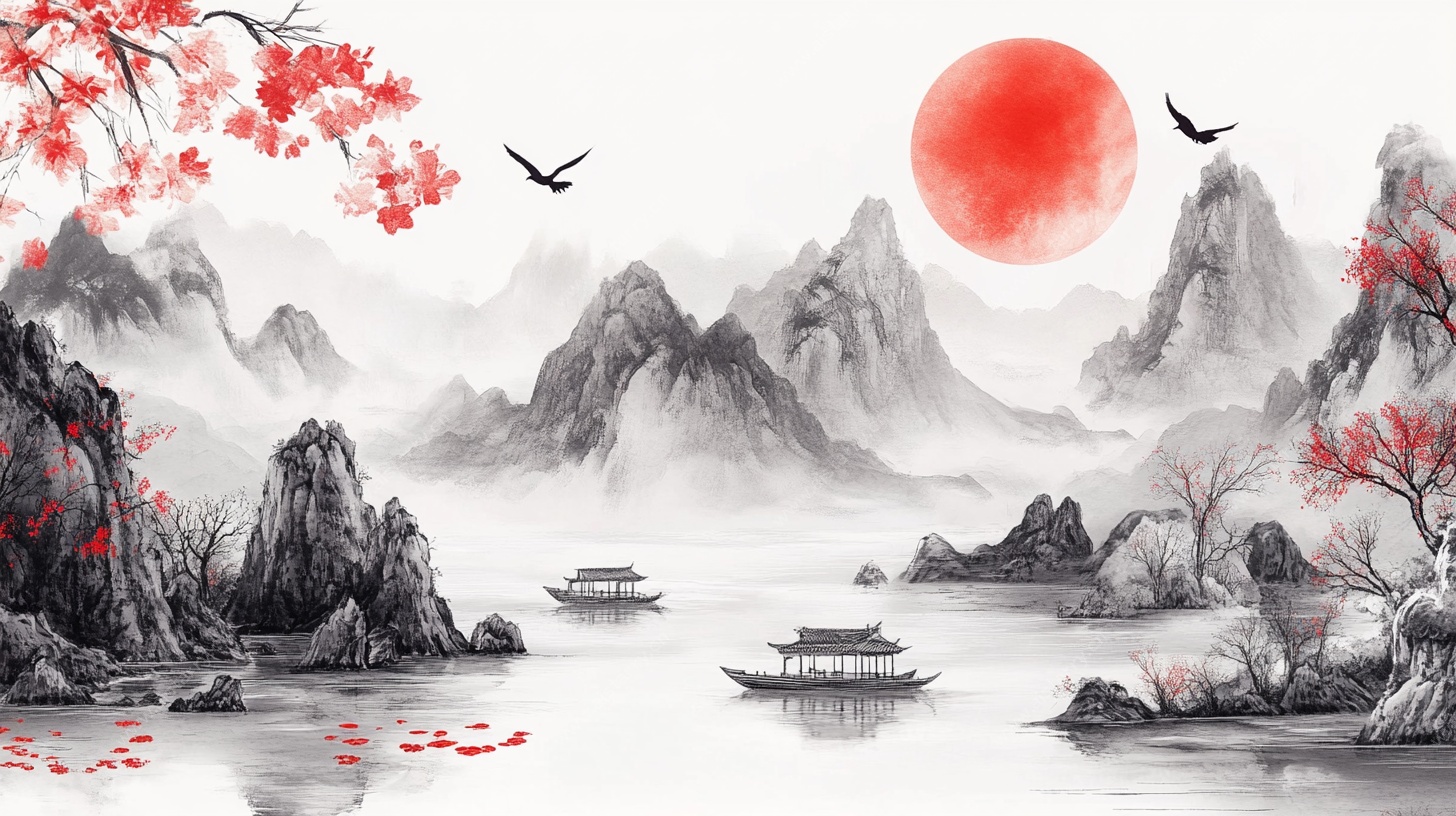 水墨山水红日泛舟图