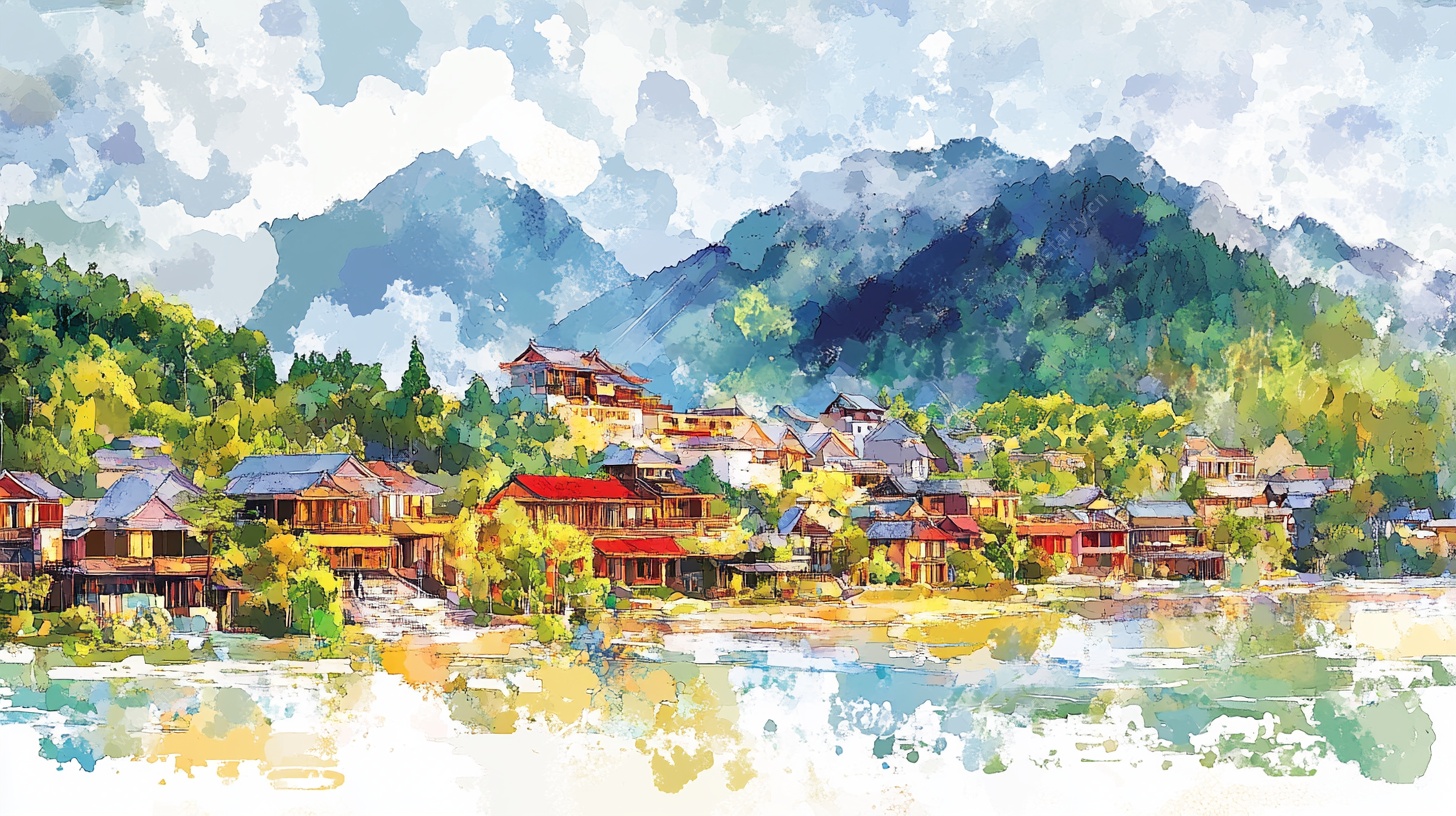 水墨风山水间的宁静村落