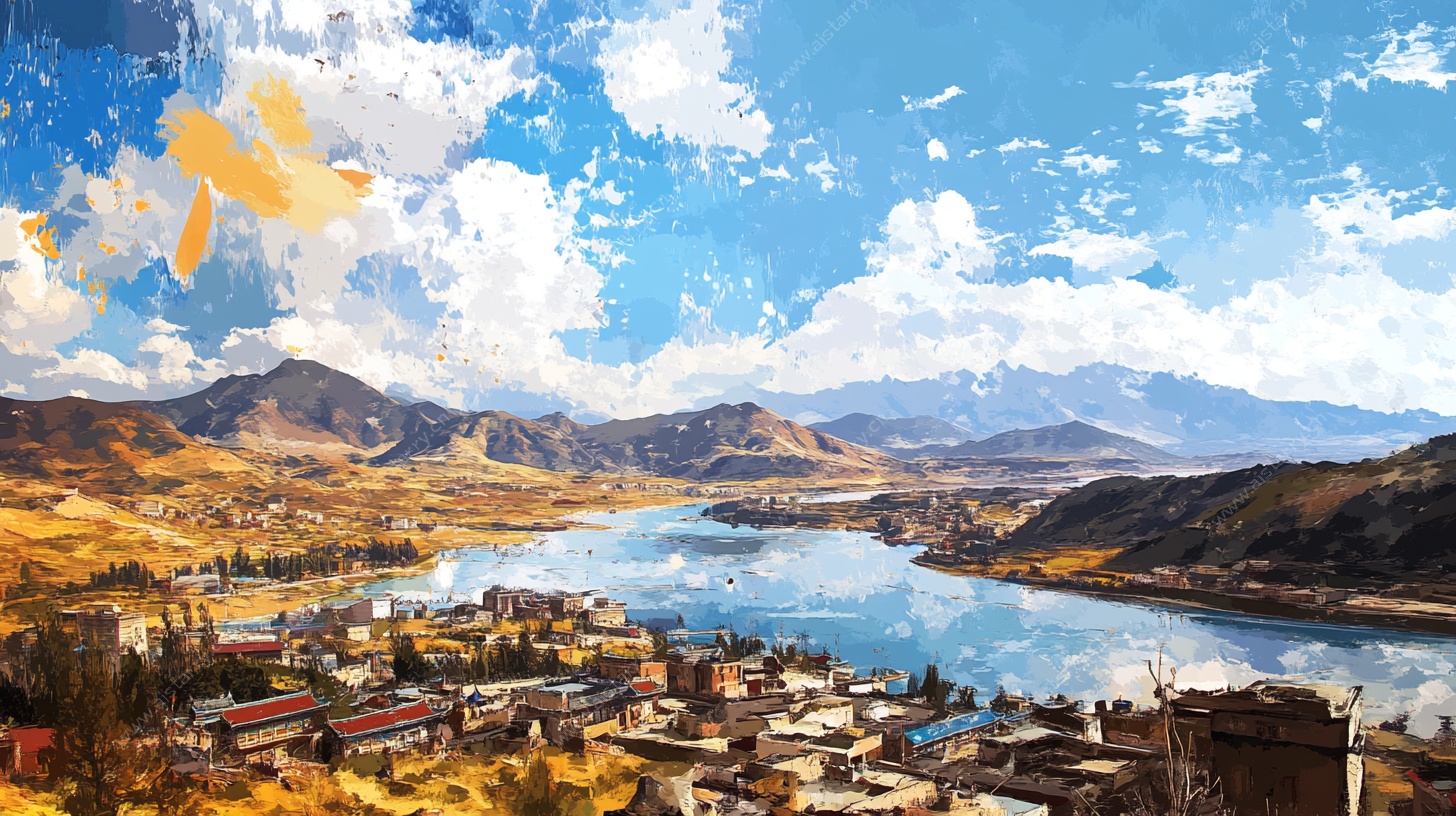 湖畔山城风光艺术画