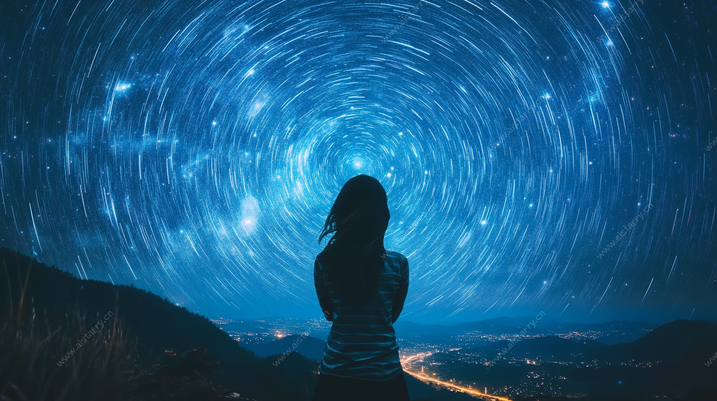女孩仰望星轨夜景