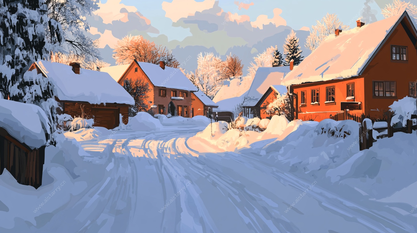 冬日雪中小村庄美景