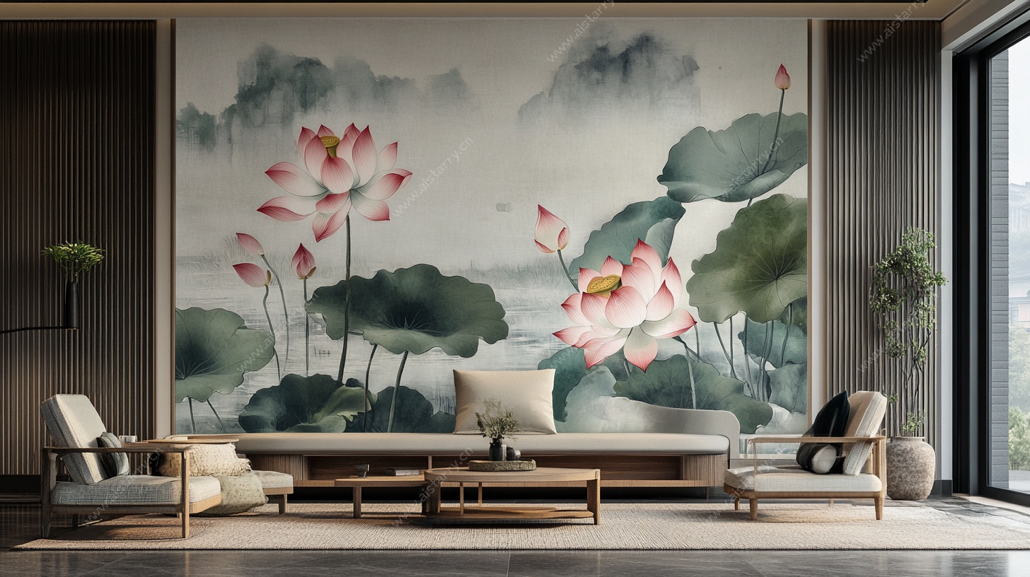 中式客厅荷花壁画装饰