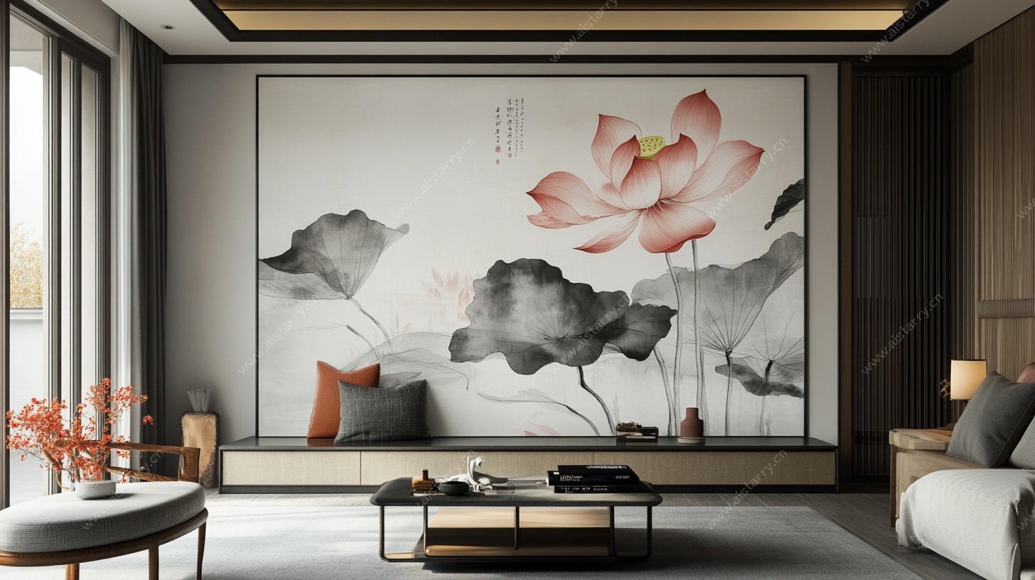 中式客厅水墨荷花背景墙