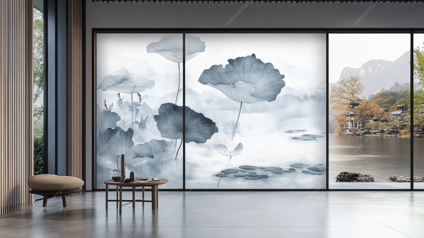 水墨荷花中式窗景