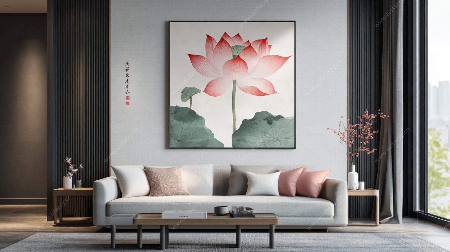 新中式客厅的荷花挂画