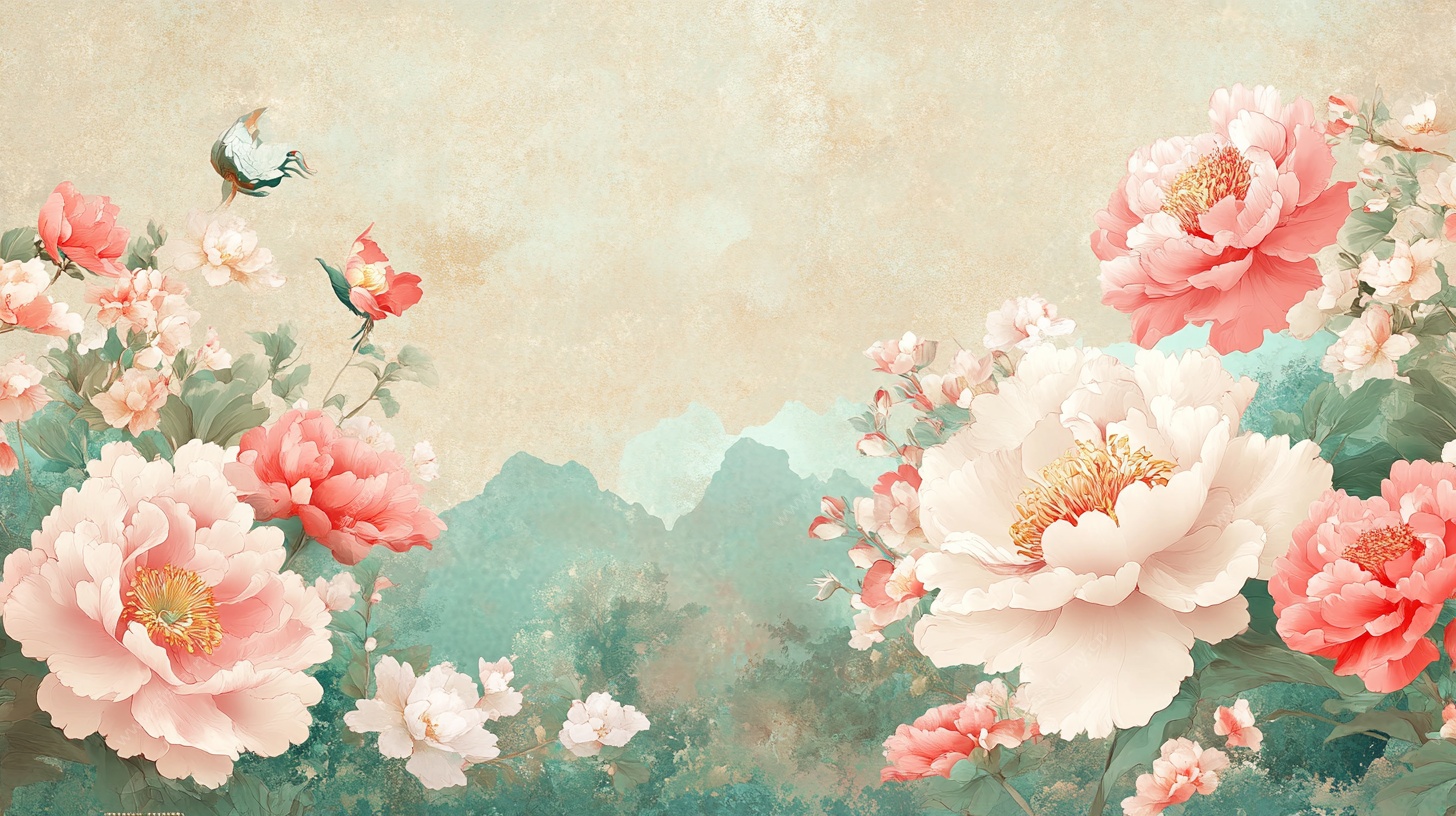 中式牡丹花鸟唯美背景图