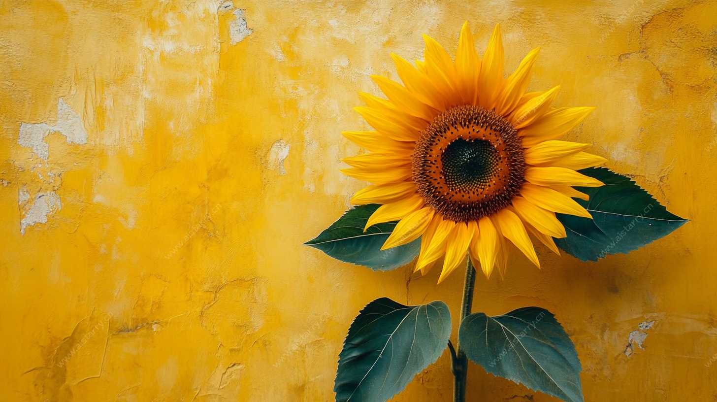 黄色背景上的单株向日葵