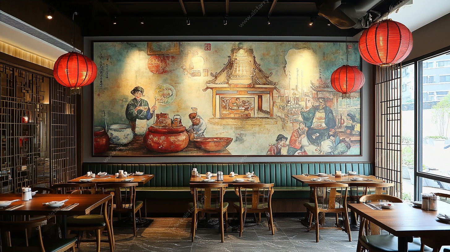 中式餐厅内景 传统壁画装饰