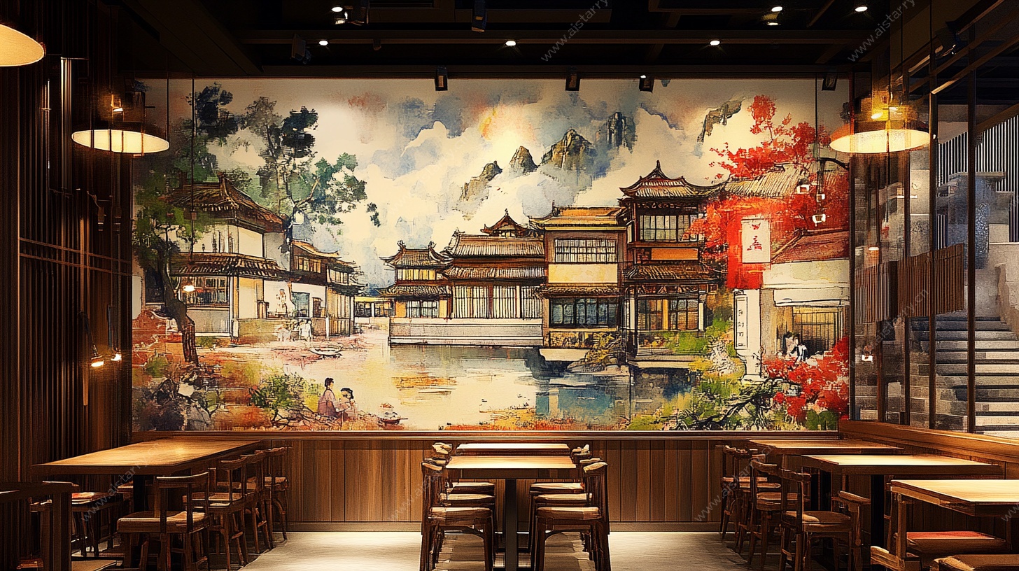 中式古风餐厅壁画场景
