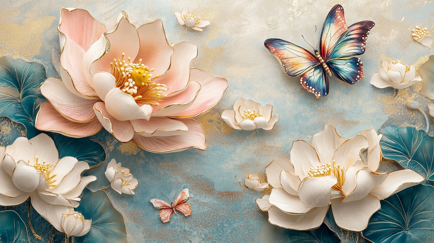 梦幻荷花与蝴蝶插画