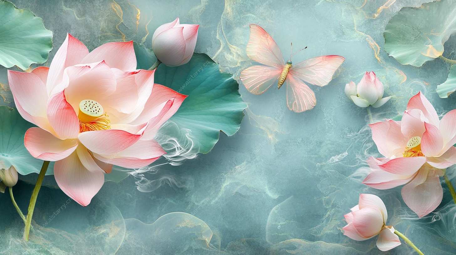 梦幻荷花与蝴蝶水彩画