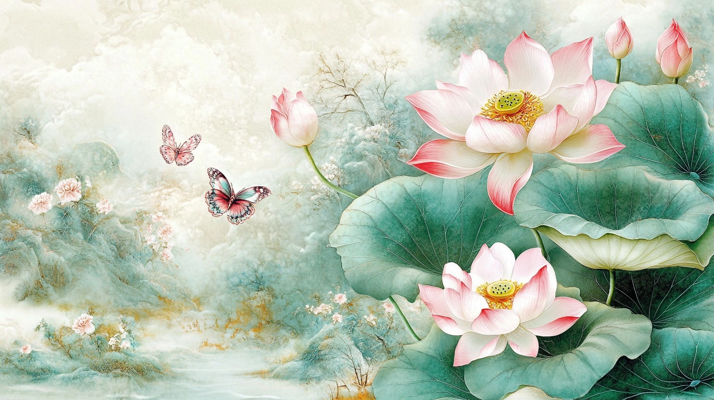 水墨荷花蝴蝶诗意画卷