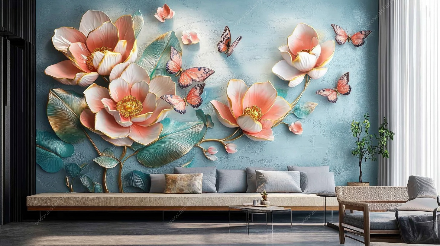 中式花卉蝴蝶客厅背景墙