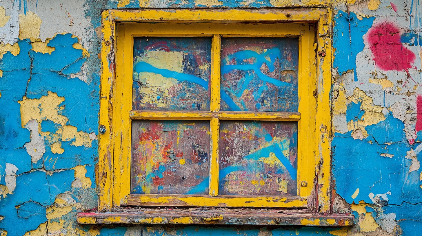 复古破旧黄框彩色窗户