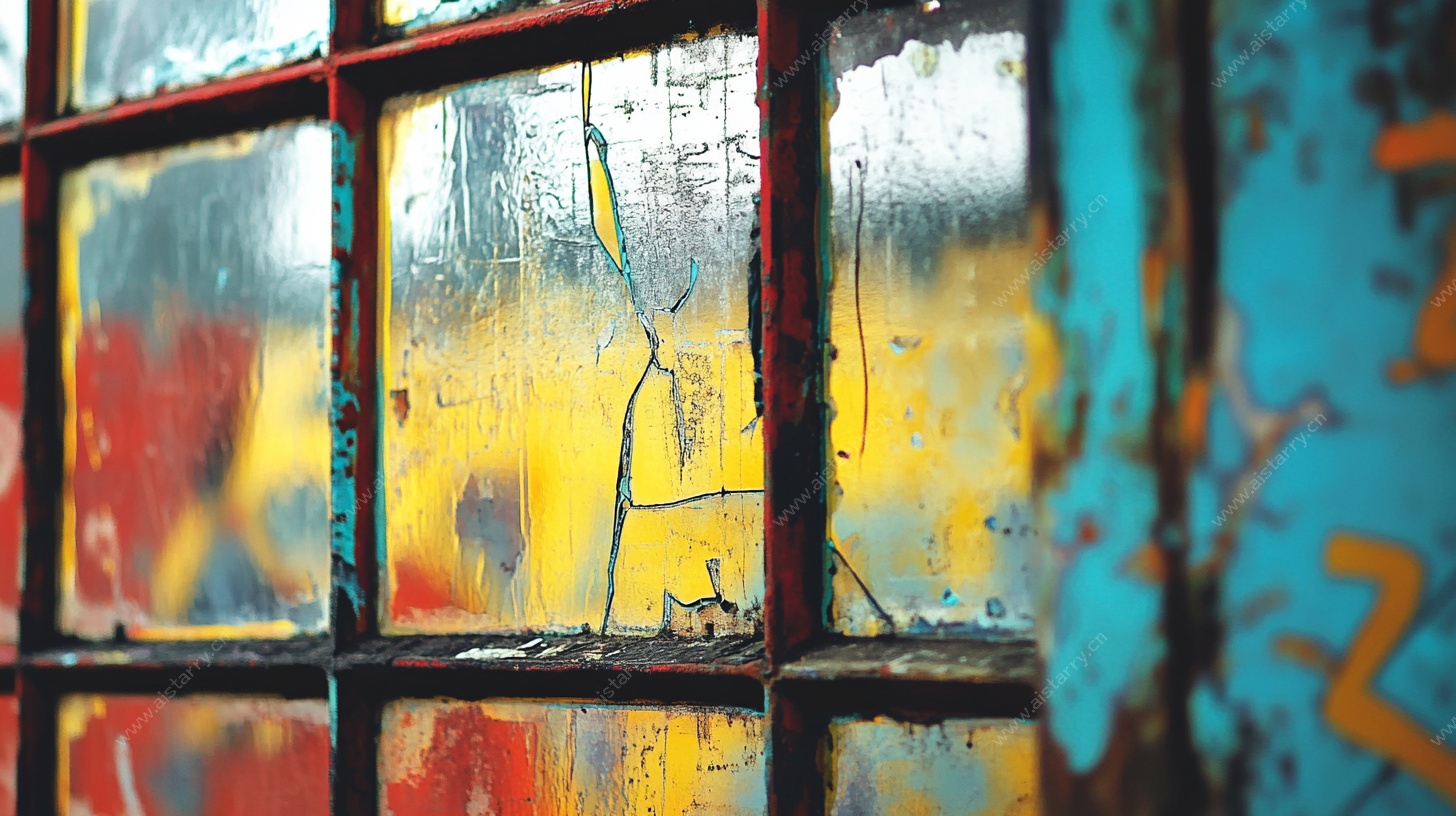 老旧斑驳彩窗特写