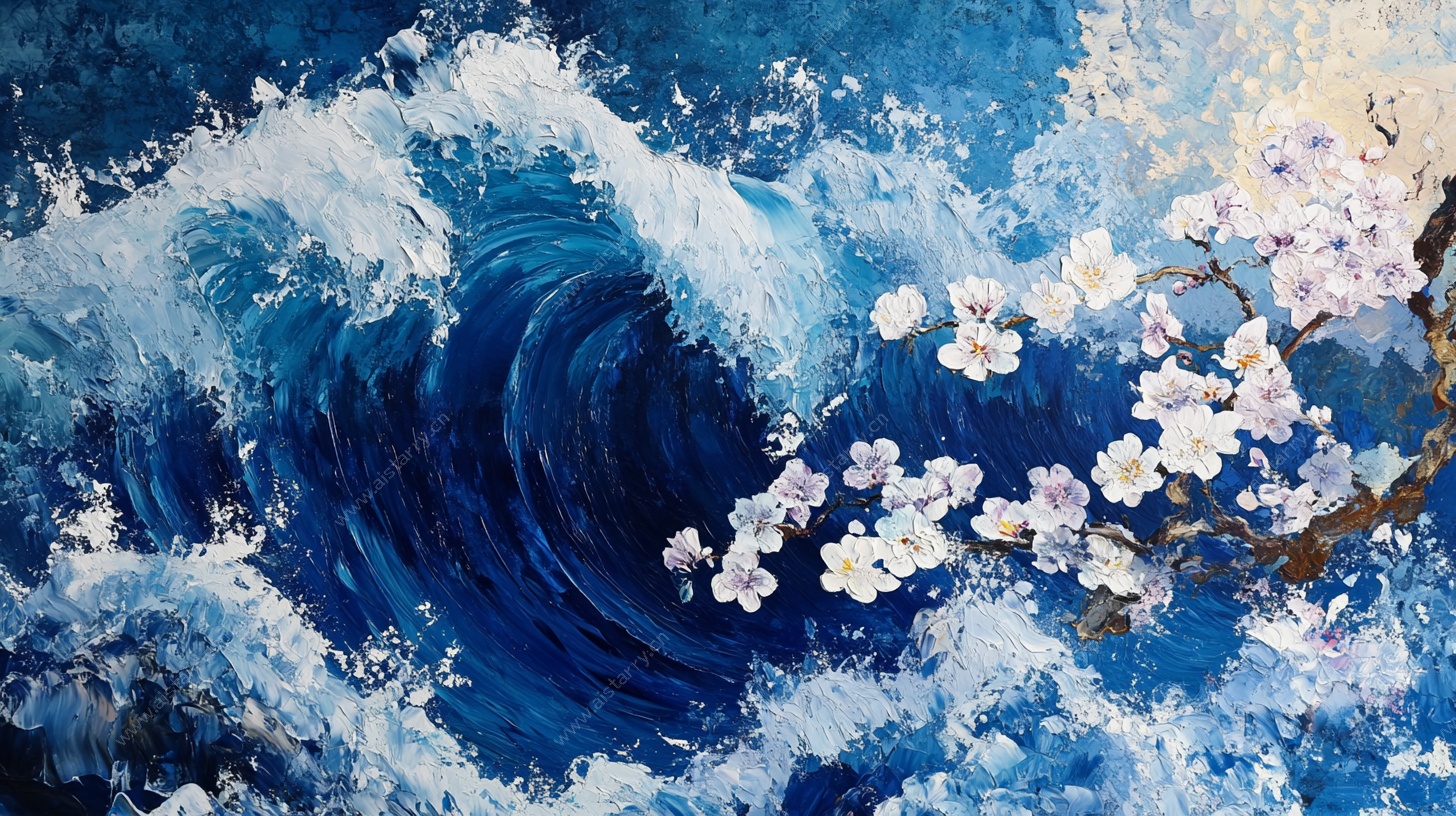 海浪与樱花的梦幻交织