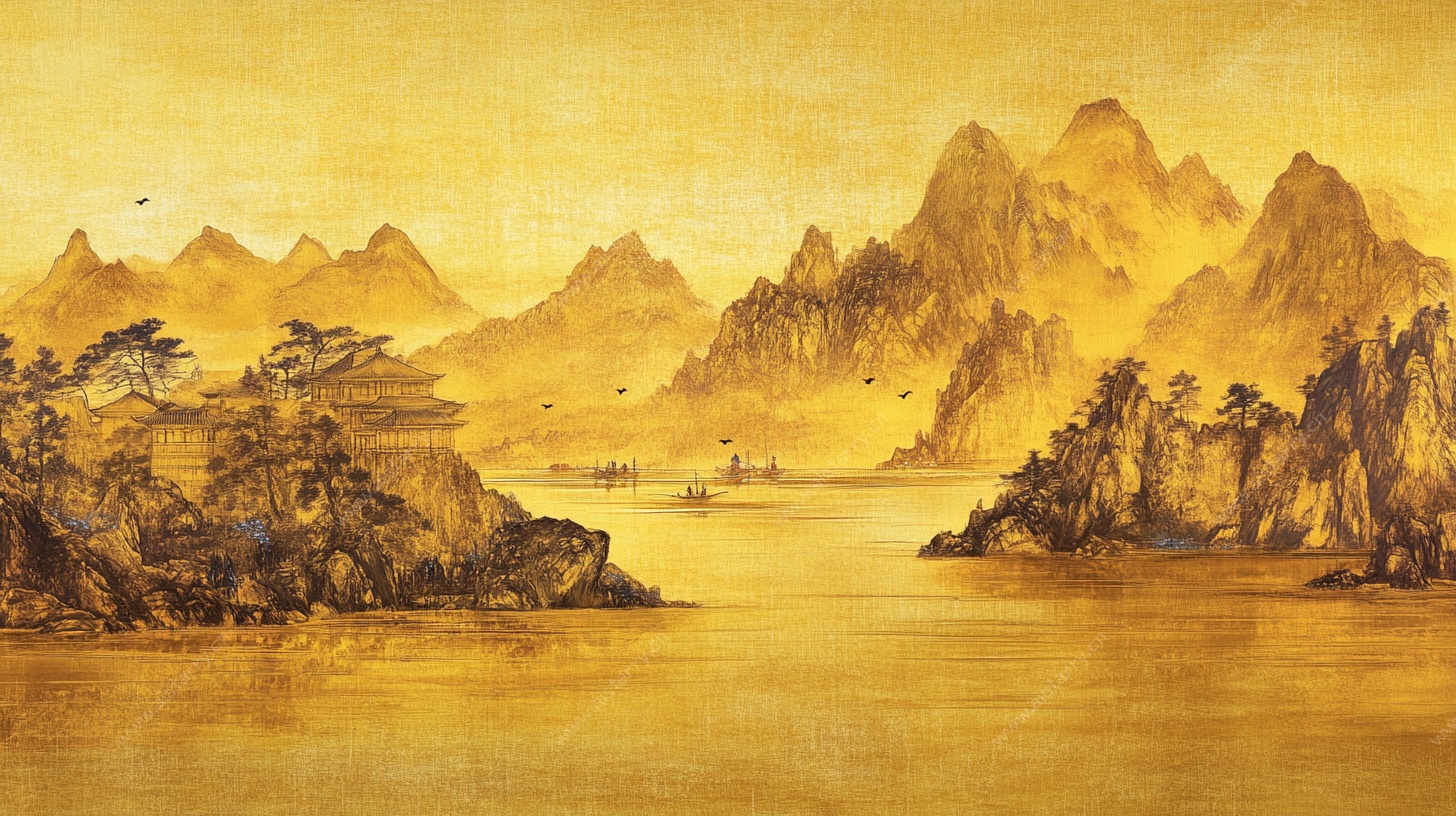 金色山水国画意境图