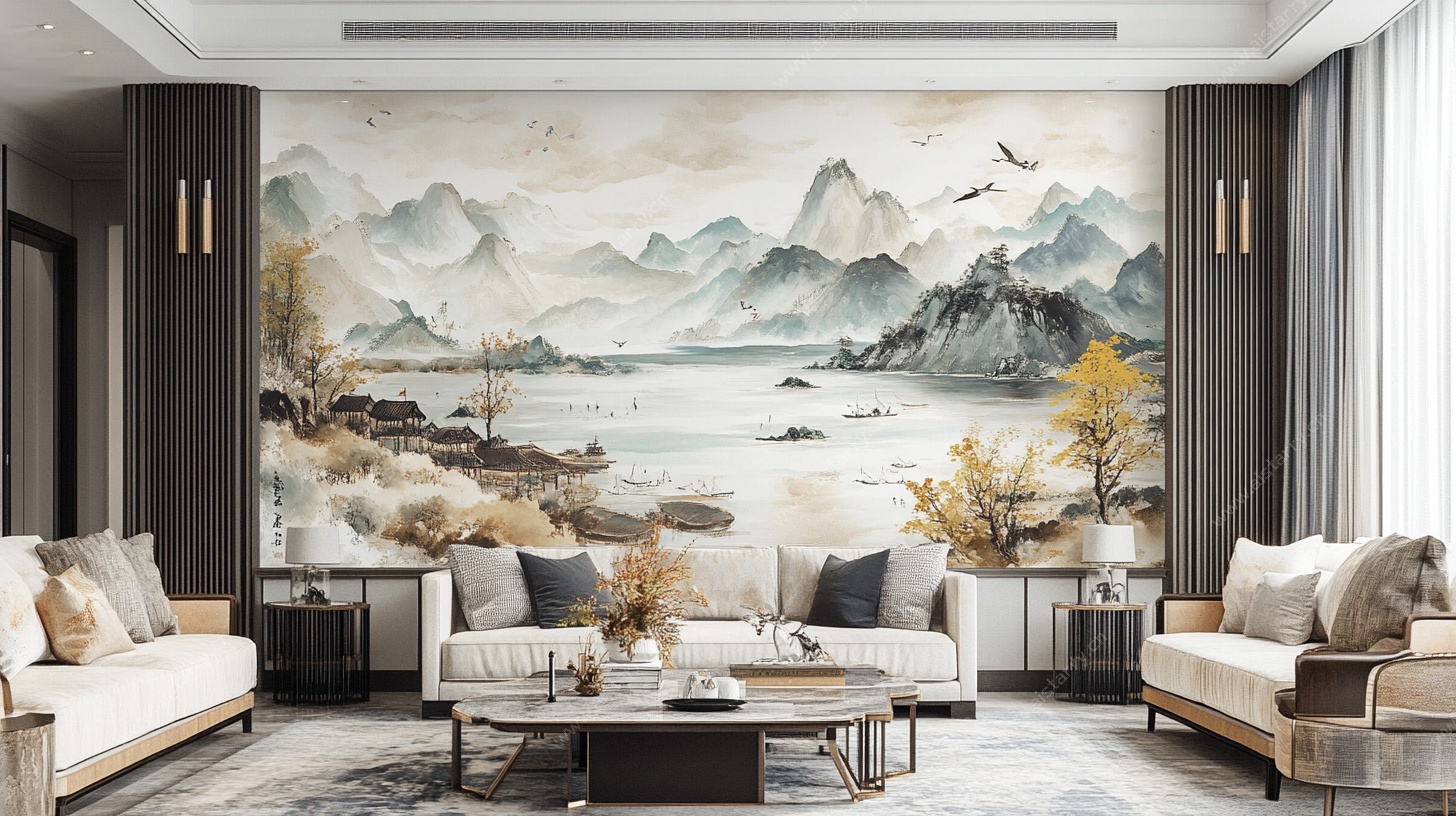 中式客厅山水壁画装饰