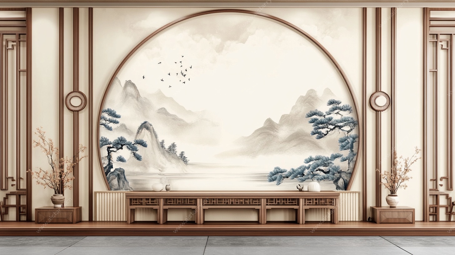 中式山水圆形背景墙设计