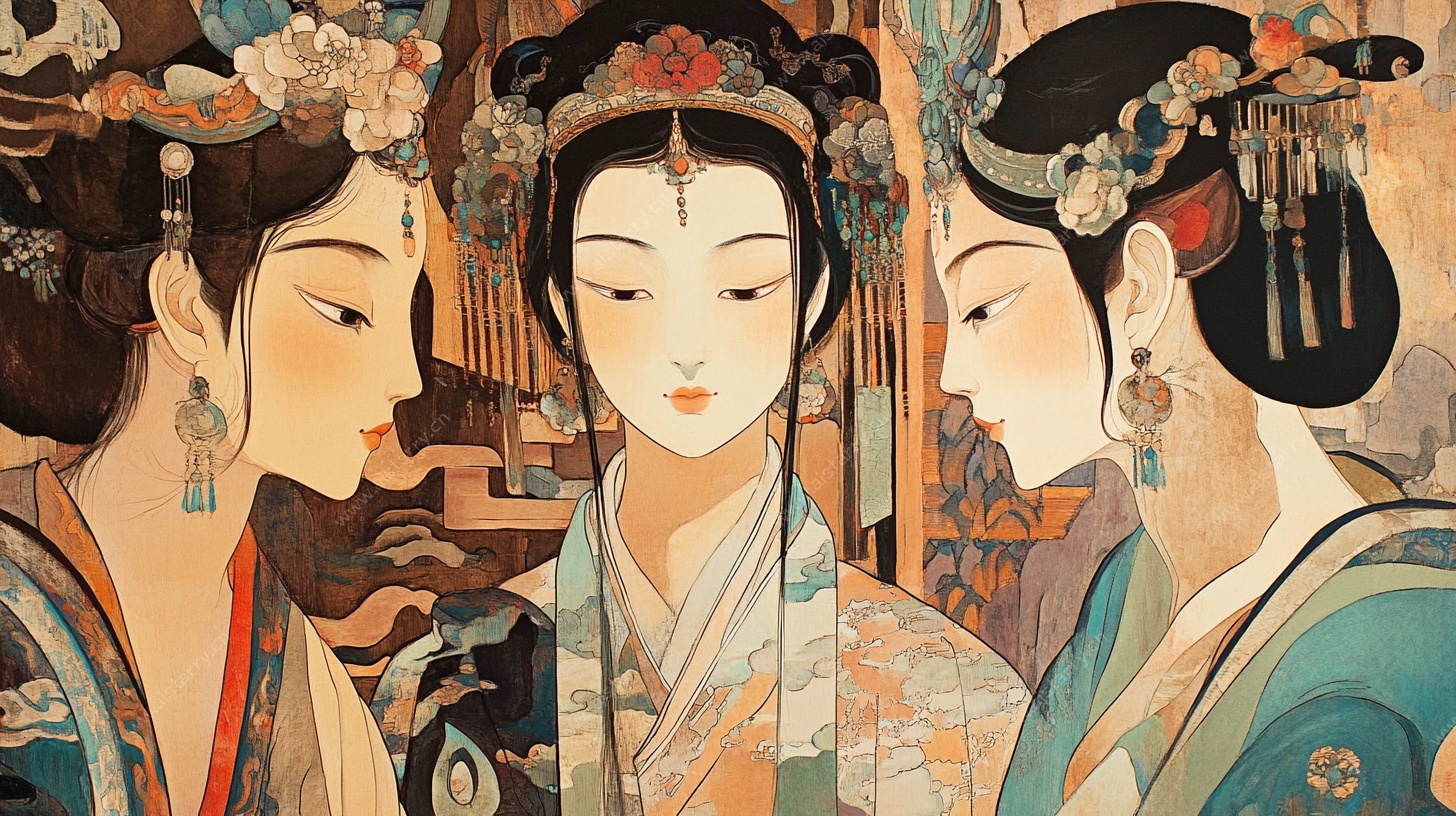 三位古风美人优雅对视