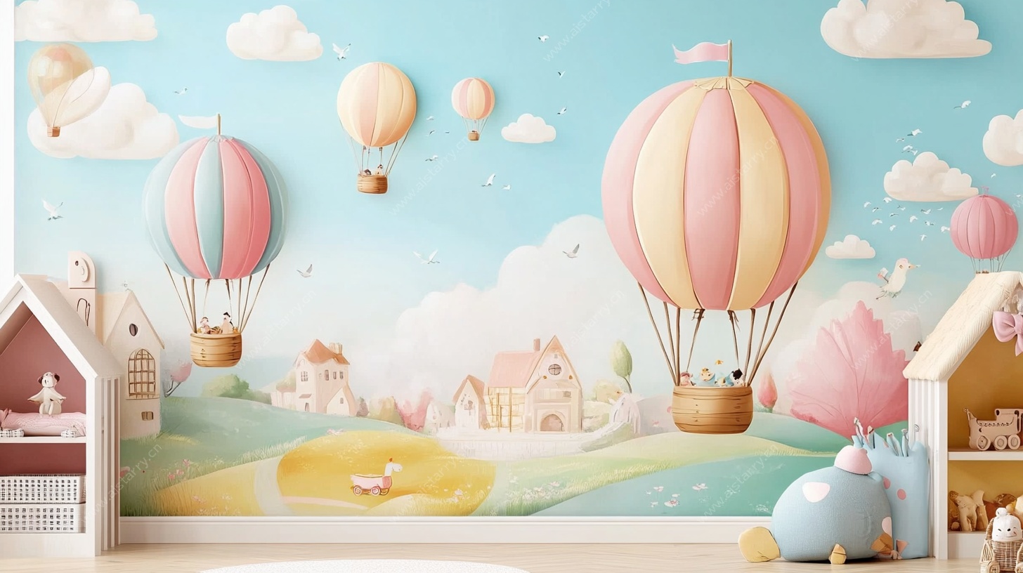 梦幻热气球儿童房墙绘
