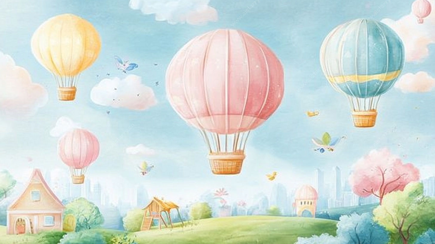 梦幻热气球田园风景插画