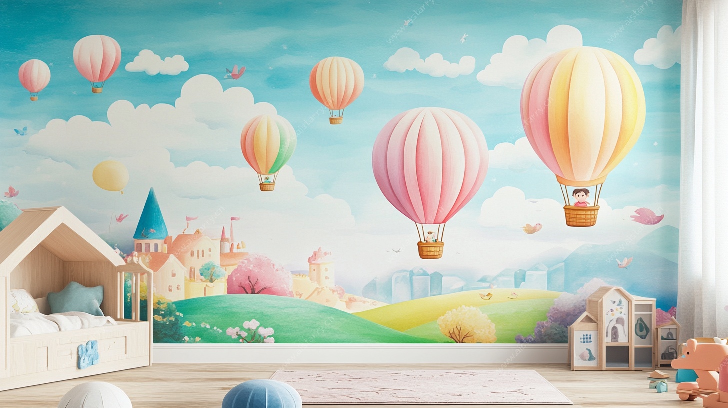 梦幻热气球儿童房背景墙
