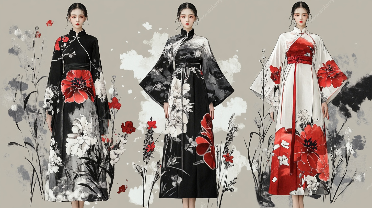 中式花卉旗袍模特展示