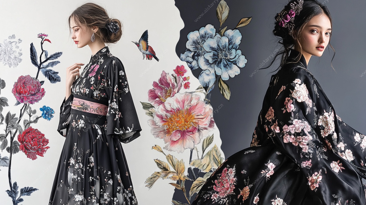 古典华服美女 花卉背景