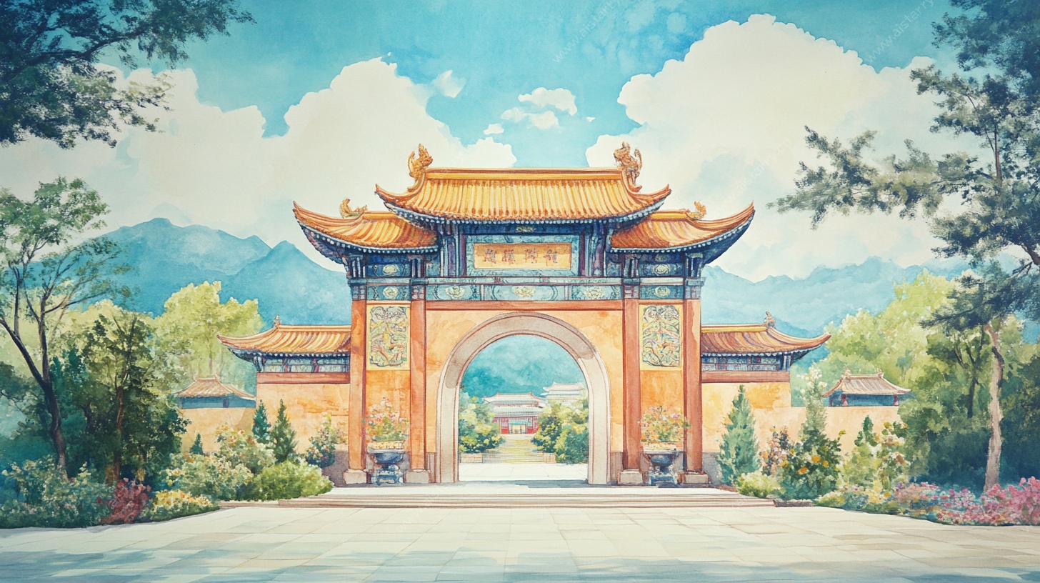 中式古典牌坊园林景观图