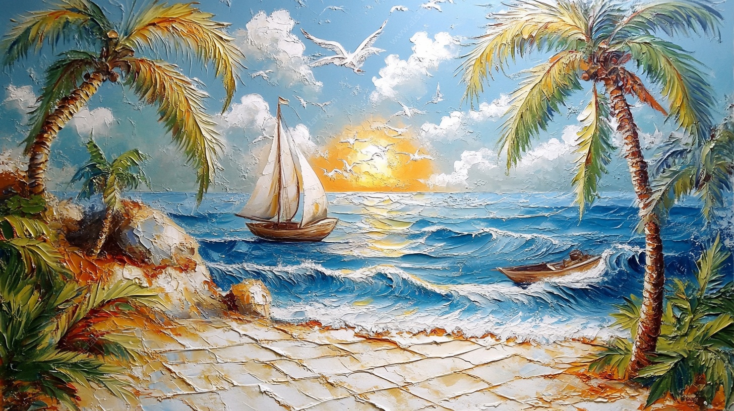 夏日海滨帆船油画风景